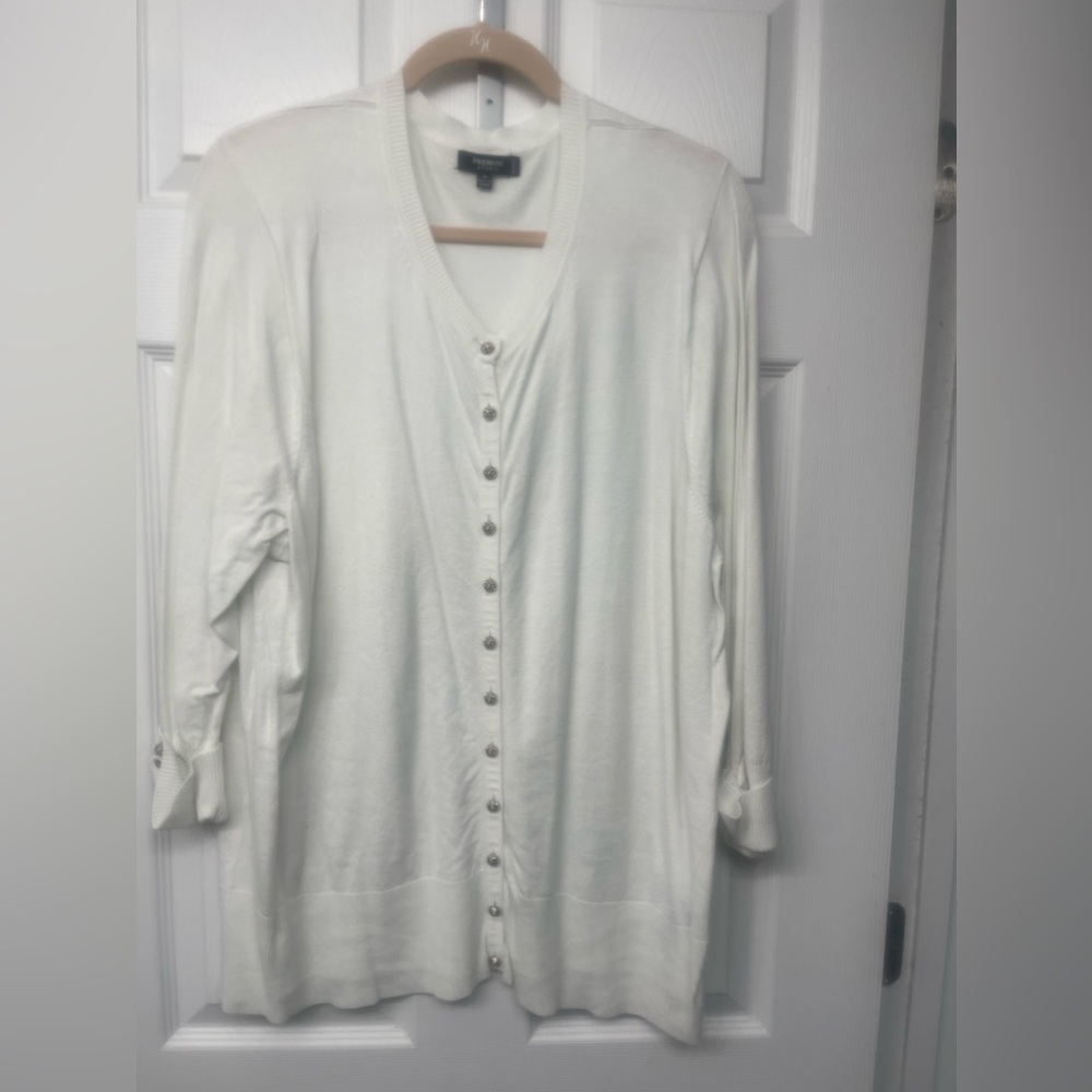 Premise 3x White Button Front Cardigan Sweater w/ Silvertone Metal Rose …